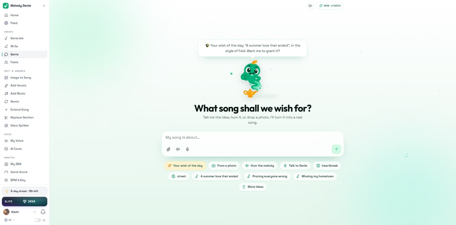 MelodyGenie Genie screen offering idea, photo, hum and voice input paths for starting a song
