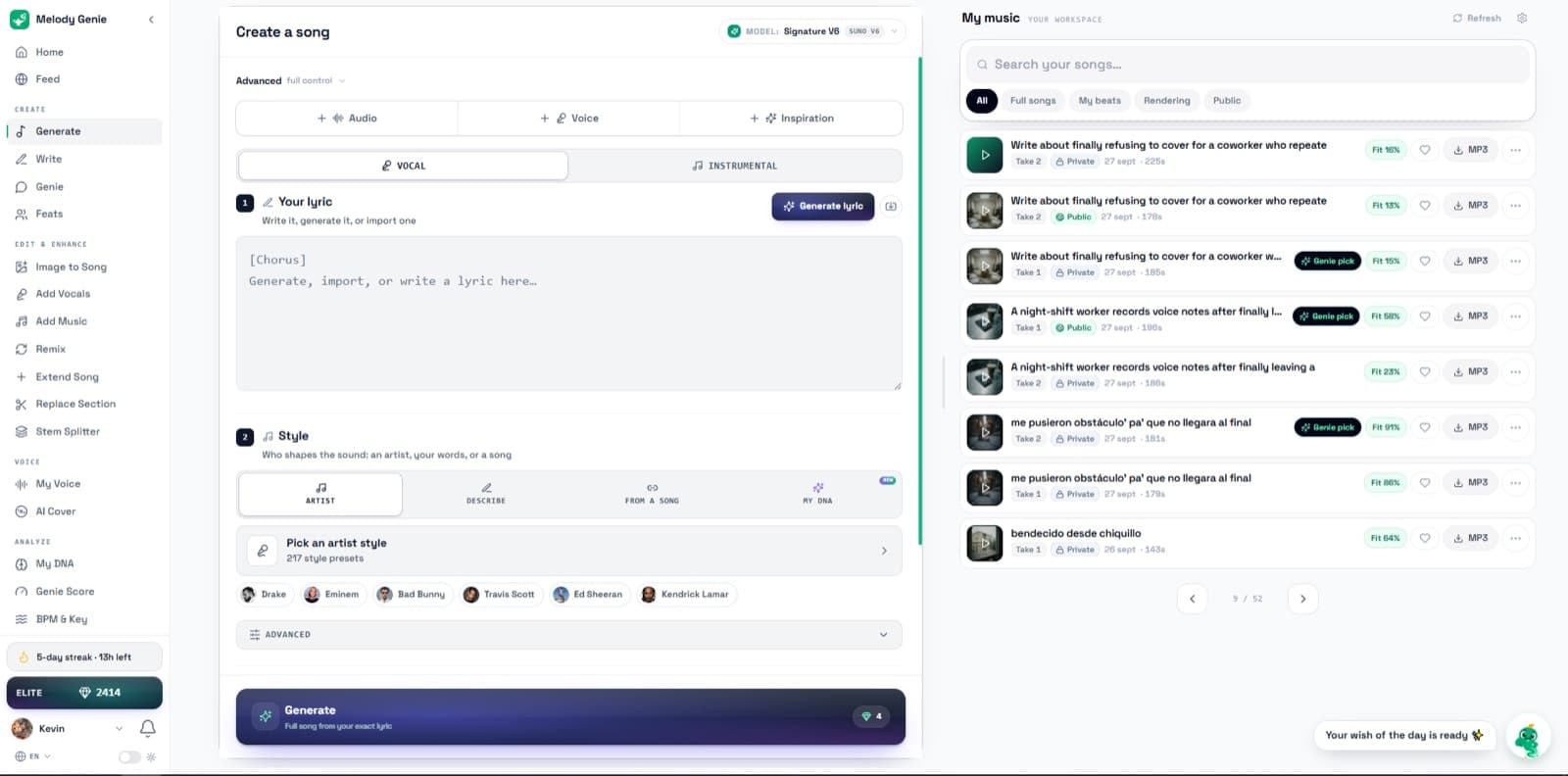MelodyGenie Create a song screen showing the lyric editor, Signature V6 model selector, style controls and song library